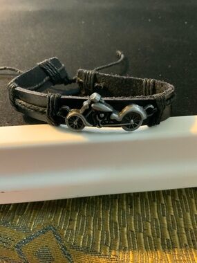 Black Leather Motorcycle Charm Bracelet - Mens Adjustable
